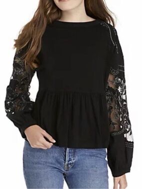 Free people Women’s Black Lace-Sleeve Peplum Top sz L 778